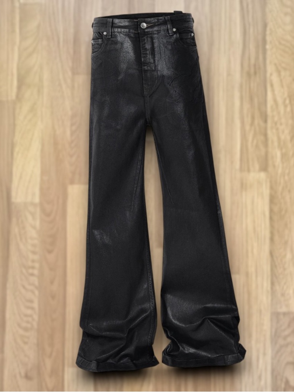Glossy Black Waxed Leather Flare Jeans